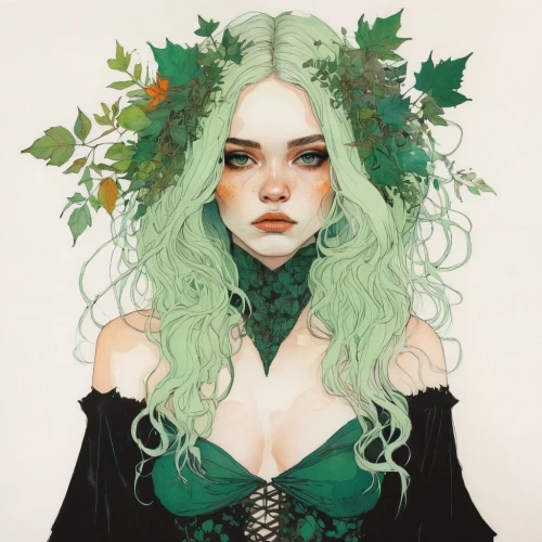 dryad,poison ivy,elven flower,ivy,green wreath,laurel wreath,kahila garland-lily,faery,faerie,the enchantress,flora,elven,fantasy portrait,urtica,wilted,tilia,menta,anahata,girl in a wreath,fairy queen,Illustration,Paper based,Paper Based 19