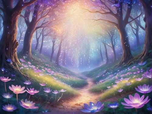 fairy forest,fairy galaxy,fairy world,the mystical path,forest of dreams,enchanted forest,forest path,fairytale forest,elven forest,pathway,fantasy picture,spring background,fantasy landscape,forest glade,fairy village,springtime background,forest background,the path,fae,blooming field,Illustration,Realistic Fantasy,Realistic Fantasy 20
