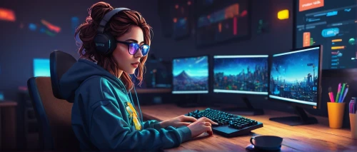 girl at the computer,world digital painting,girl studying,game illustration,computer addiction,night administrator,freelancer,computer game,digital painting,blur office background,vector illustration,vector art,sci fiction illustration,game drawing,computer graphics,computer art,cyberpunk,computer freak,3d background,gaming,Illustration,Abstract Fantasy,Abstract Fantasy 14