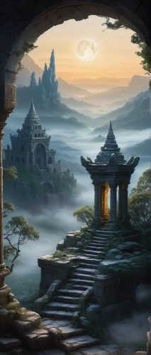 fantasy landscape,ancient city,fantasy picture,world digital painting,the mystical path,asian architecture,ancient house,background with stones,landscape background,cartoon video game background,ancient buildings,fantasy art,japan landscape,backgrounds,home landscape,the ancient world,chinese temple,oriental,oriental painting,stone lotus,Illustration,Paper based,Paper Based 21