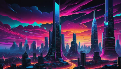 futuristic landscape,cityscape,fantasy city,colorful city,alien world,cyberpunk,vast,metropolis,futuristic,alien planet,city skyline,scifi,sci-fi,sci - fi,80's design,fantasy landscape,vapor,sci fi,space art,cyberspace,Illustration,Children,Children 05