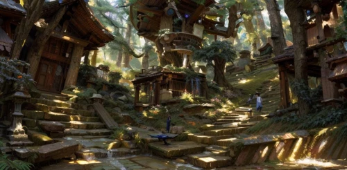 mountain settlement,fairy village,house in the forest,ancient city,druid grove,tsukemono,wooden path,forest path,concept art,devilwood,elven forest,lostplace,pathway,koyasan,lost place,greenforest,escher village,wooden houses,mountain village,world digital painting