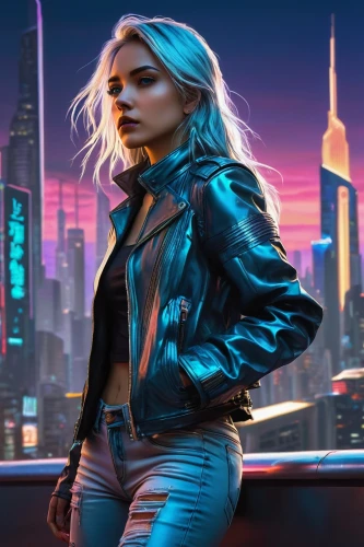 cyberpunk,futuristic,nerve,birds of prey-night,femme fatale,dusk background,jacket,cg artwork,leather jacket,valerian,portrait background,cool blonde,nova,digital compositing,merc,sci fiction illustration,neon lights,aurora-falter,bolero jacket,80s,Illustration,Realistic Fantasy,Realistic Fantasy 23