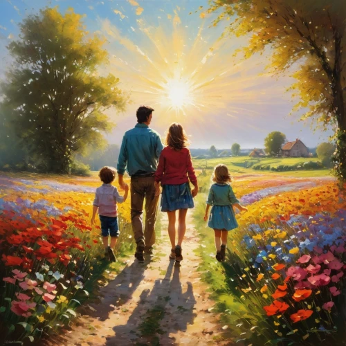 oil painting on canvas,walk with the children,oil painting,children's background,the dawn family,parents with children,poppy family,girl and boy outdoor,harmonious family,mother and father,art painting,families,spring morning,oil on canvas,blanket of flowers,travelers,landscape background,church painting,springtime background,daisy family,Conceptual Art,Oil color,Oil Color 06