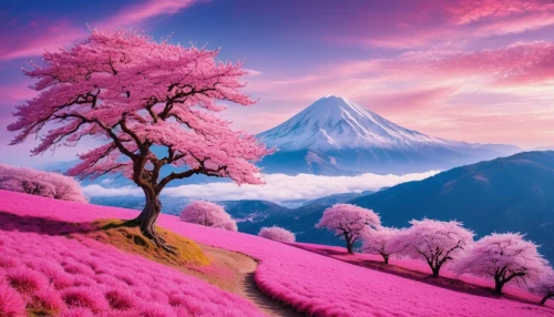 purple landscape,cherry blossom tree,japanese sakura background,sakura trees,sakura tree,japanese mountains,blossom tree,japan landscape,japanese cherry trees,beautiful japan,pink grass,japanese alps,blooming trees,the valley of flowers,lilac tree,mountain landscape,beautiful landscape,landscape background,japanese floral background,japanese cherry blossoms,Photography,General,Realistic