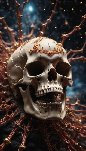 vanitas,anatomical,skull sculpture,skull with crown,crown render,cinema 4d,fractalius,human skull,crown of thorns,death's head,3d render,skull bones,human brain,render,calavera,metastases,macabre,day of the dead skeleton,skull allover,human skeleton,Photography,General,Cinematic