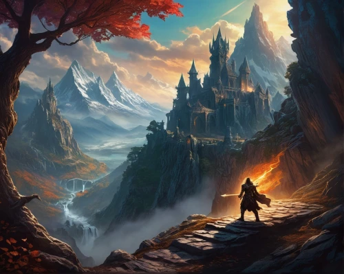 fantasy landscape,fantasy picture,fantasy art,autumn mountains,world digital painting,landscape background,chasm,mountain landscape,heroic fantasy,mountain scene,guards of the canyon,the wanderer,3d fantasy,high landscape,autumn background,fallen giants valley,mountain world,autumn landscape,wanderer,fall landscape,Conceptual Art,Oil color,Oil Color 08