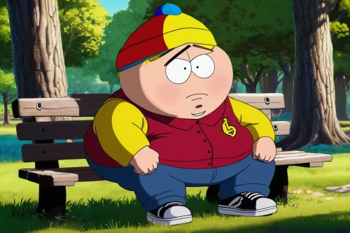 river pines,chowder,cute cartoon character,peanuts,bob hat,dipper,man on a bench,pubg mascot,television character,cartoon character,animated cartoon,gnome,child is sitting,bart,peter,red cap,brock coupe,matsuno,cartoon forest,cartoon video game background,Conceptual Art,Fantasy,Fantasy 27