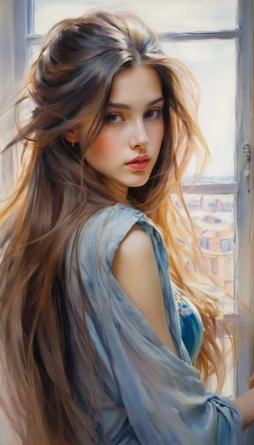 mystical portrait of a girl,romantic portrait,art painting,oil painting,photo painting,oil painting on canvas,young woman,italian painter,girl in a long,fantasy art,girl in cloth,girl portrait,portrait of a girl,boho art,fantasy portrait,world digital painting,little girl in wind,painter,meticulous painting,rapunzel,Illustration,Paper based,Paper Based 11