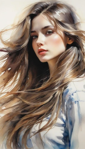 photo painting,girl drawing,girl portrait,mystical portrait of a girl,world digital painting,young woman,girl in a long,layered hair,portrait background,digital painting,art painting,smooth hair,little girl in wind,fluttering hair,watercolor women accessory,fashion illustration,watercolor background,wind wave,oil painting,portrait of a girl,Illustration,Paper based,Paper Based 11