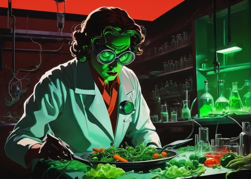 riddler,maraschino,scientist,laboratory,biologist,absinthe,jalapenos,wasabi,nepeta,microbiologist,poisonous,cutting vegetables,appetite,chemical laboratory,chemist,e-coli hazard,dr,pesticide,green paprika,crudités,Illustration,American Style,American Style 09