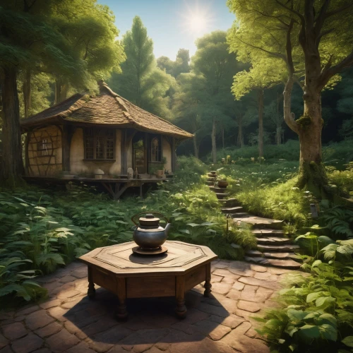 house in the forest,wishing well,tea ceremony,home landscape,japanese shrine,tea zen,hobbiton,gyokuro,fairy house,mushroom landscape,ancient house,ryokan,fantasy landscape,druid grove,garden bench,witch's house,summer cottage,tea garden,little house,miniature house,Art,Classical Oil Painting,Classical Oil Painting 41