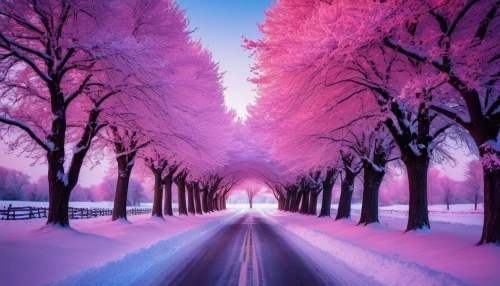 purple landscape,snow landscape,winter landscape,snowy landscape,pink-purple,snow trees,tree lined lane,purple and pink,pink dawn,winter background,tree-lined avenue,cherry blossom tree-lined avenue,winter wonderland,tree lined path,winter forest,winter dream,color pink white,winter magic,tree lined,snow scene,Photography,General,Fantasy