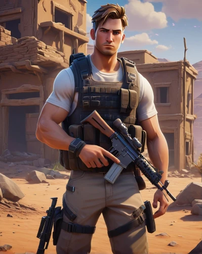 mercenary,desert background,assault rifle,heavy construction,holding a gun,grenadier,snipey,edge muscle,colt,basic pump,pubg mascot,builder,enforcer,tactical,fortnite,male character,muscular build,gunsmith,marksman,sniper,Conceptual Art,Daily,Daily 27