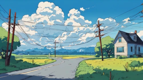telephone poles,powerlines,wires,power lines,prairie,summer day,telephone pole,roadside,the road,neighborhood,home landscape,power line,countryside,country road,road,scenery,studio ghibli,outskirts,country side,atmosphere,Illustration,Japanese style,Japanese Style 06