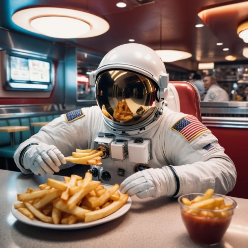 retro diner,astronaut suit,fast-food,fast food restaurant,spacefill,diner,spaceman,astronautics,fast food,astronaut,space suit,astronauts,spacesuit,robot in space,fries,breakfast on board of the iron,kids' meal,mission to mars,chips,space tourism,Photography,General,Realistic