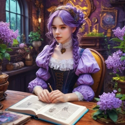 la violetta,fantasy portrait,victorian lady,girl studying,the lavender flower,fantasy picture,rapunzel,lavendar,violet,romantic portrait,purple rose,librarian,vanessa (butterfly),scholar,poker primrose,tutor,mystical portrait of a girl,cinderella,violet head elf,fantasy art