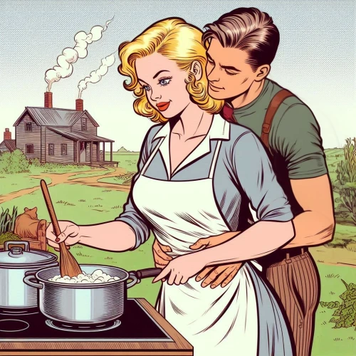 retro 1950's clip art,southern cooking,vintage man and woman,cooking book cover,domestic,fondue,food and cooking,vintage boy and girl,as a couple,home cooking,stove top,autumn chores,wedding soup,housewife,chafing dish,vintage illustration,cooking,domestic life,cooks,cookery