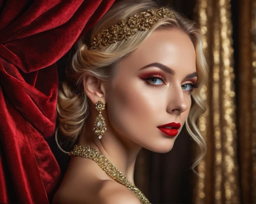 fantasy portrait,lady in red,vintage makeup,portrait background,romantic portrait,art deco woman,red gown,gold jewelry,bridal jewelry,vampire woman,vampire lady,christmas gold and red deco,black-red gold,red lips,jeweled,retouching,queen of hearts,femme fatale,gothic portrait,bridal accessory,Photography,General,Fantasy