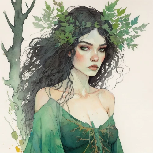 dryad,poison ivy,flora,elven flower,fantasy portrait,green wreath,faerie,the enchantress,ivy,faery,elven,rusalka,artemisia,girl in a wreath,bunches of rowan,natura,fae,linden blossom,rowan,fairy queen,Illustration,Paper based,Paper Based 19