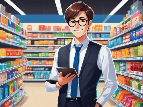 convenience store,cashier,pharmacist,clerk,shopkeeper,pharmacy,grocery,shopping icon,supermarket,grocer,chemist,sales person,alipay,consumer,grocery store,supermarket shelf,sales man,salesgirl,store icon,shopping list,Illustration,Japanese style,Japanese Style 06