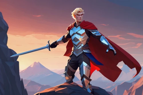 thor,god of thunder,celebration cape,heroic fantasy,male elf,king arthur,cg artwork,norse,hero,dane axe,collected game assets,the wanderer,male character,he-man,nördlinger ries,game illustration,massively multiplayer online role-playing game,fantasy warrior,adventurer,fjord,Unique,3D,Low Poly