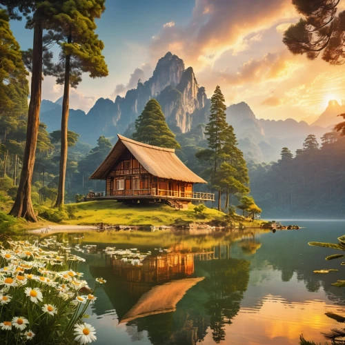 house with lake,house in mountains,the cabin in the mountains,summer cottage,home landscape,house in the mountains,beautiful landscape,landscape background,log home,landscapes beautiful,log cabin,beautiful lake,nature landscape,house in the forest,beautiful home,emerald lake,alpine lake,cottage,mountain hut,house by the water,Photography,General,Realistic