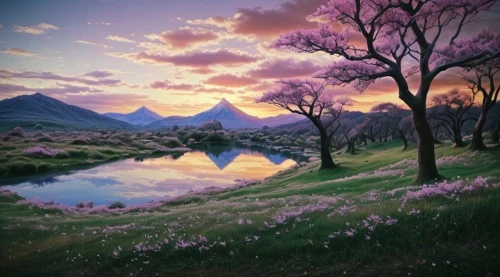 purple landscape,meadow in pastel,landscape background,fantasy landscape,beautiful landscape,lilac tree,japan landscape,landscapes beautiful,nature landscape,jacaranda,japanese sakura background,landscape nature,japanese cherry trees,jacaranda trees,dove lake,springtime background,natural scenery,sakura trees,fantasy picture,meadow landscape