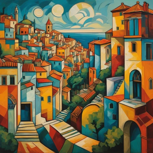 italian painter,marseille,santa fe,valparaiso,picasso,colorful city,khokhloma painting,tuscan,positano,san paolo,montmartre,cinque terre,harissa,apulia,mediterranean,puglia,cityscape,monaco,escher village,view of the city,Art,Artistic Painting,Artistic Painting 03