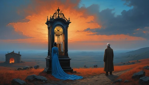grandfather clock,fantasy landscape,medieval hourglass,scythe,fantasy picture,clock tower,sun dial,fantasy art,sundial,clockmaker,game illustration,world digital painting,tower clock,guillotine,blue door,obelisk,ring of brodgar,hall of the fallen,spire,watchtower,Photography,General,Realistic