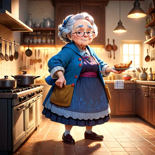 granny,grandma,agnes,girl in the kitchen,grandmother,elderly lady,old woman,nanny,granny smith,pensioner,elderly person,senior citizen,geppetto,grandparent,grama,housekeeper,woman holding pie,madeleine,mrs white,older person,Anime,Anime,Cartoon