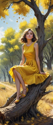 girl with tree,yellow grass,world digital painting,girl lying on the grass,yellow background,autumn background,yellow garden,yellow sky,springtime background,little girl in wind,girl in a long dress,digital painting,yellow petal,yellow jumpsuit,argan tree,fantasy picture,the girl next to the tree,yellow petals,yellow,yellow color,Conceptual Art,Fantasy,Fantasy 03