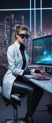 women in technology,cyber glasses,girl at the computer,cyberpunk,blur office background,neon human resources,computer business,night administrator,business women,spy,cyber crime,cyberspace,businesswoman,business woman,spy visual,computer desk,digital compositing,spy-glass,computer freak,cyber,Illustration,Abstract Fantasy,Abstract Fantasy 14