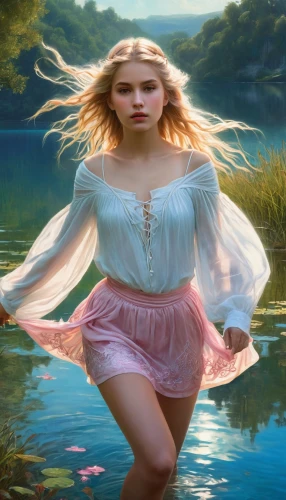 the blonde in the river,girl on the river,fantasy picture,water nymph,mystical portrait of a girl,faerie,fantasy art,fae,fantasy portrait,faery,fantasy woman,girl on the boat,rosa 'the fairy,rusalka,little girl in wind,girl walking away,girl in a long,floating on the river,the night of kupala,femininity,Conceptual Art,Fantasy,Fantasy 05