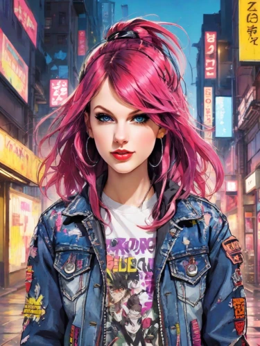 punk,grunge,world digital painting,cyberpunk,rosa ' amber cover,punk design,pink hair,birds of prey-night,digital painting,poison,nora,jean jacket,streampunk,harajuku,renegade,anime japanese clothing,hedwig,game illustration,hip rose,ipê-rosa,Digital Art,Anime