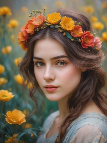 beautiful girl with flowers,girl in flowers,romantic portrait,yellow rose background,flower background,flower crown,splendor of flowers,golden flowers,flower painting,fantasy portrait,mystical portrait of a girl,yellow roses,romantic look,flower girl,yellow orange rose,girl in the garden,girl in a wreath,girl picking flowers,wreath of flowers,floral background,Illustration,Retro,Retro 23