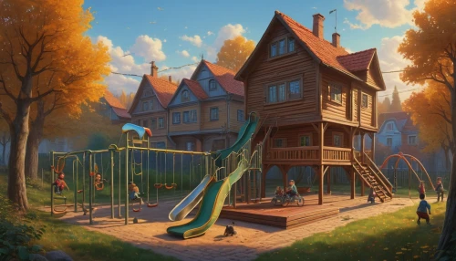 tree house,hanging houses,treehouse,playset,crooked house,swing set,house in the forest,wooden swing,home landscape,little house,tree house hotel,play yard,children's playhouse,witch's house,children's playground,wooden houses,escher village,empty swing,bird house,aurora village,Illustration,Realistic Fantasy,Realistic Fantasy 27