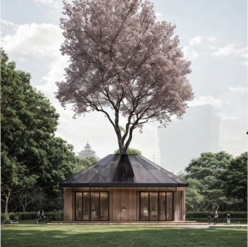 timber house,archidaily,forest chapel,wooden sauna,wooden house,blossom tree,frame house,summer house,pop up gazebo,pavilion,wooden hut,cherry blossom tree,wooden roof,chestnut blossom,asian architecture,garden shed,wooden church,3d rendering,mid century house,corten steel,Architecture,Commercial Building,Modern,Garden Modern