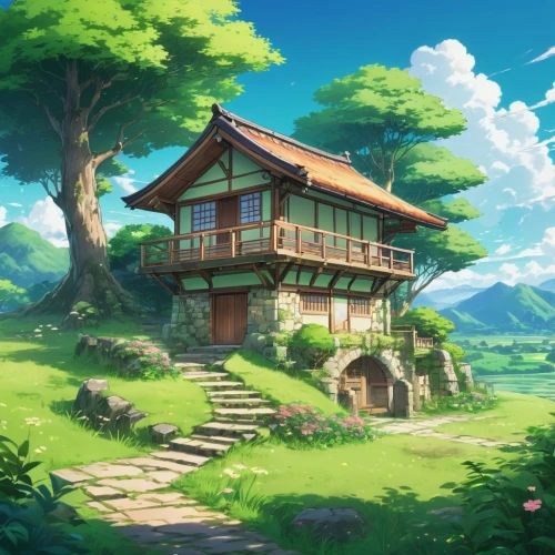 studio ghibli,ancient house,home landscape,lonely house,little house,wooden house,small house,house in mountains,violet evergarden,house in the forest,house in the mountains,meteora,landscape background,summer cottage,traditional house,roof landscape,wooden houses,beautiful home,wooden hut,house painting,Illustration,Japanese style,Japanese Style 03