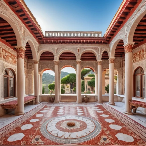 alhambra,inside courtyard,courtyard,spanish tile,villa cortine palace,persian architecture,moroccan pattern,terracotta tiles,moorish,cloister,alcazar of seville,hacienda,marrakesh,morocco,hala sultan tekke,patio,marrakech,umayyad palace,marble palace,caravanserai,Photography,General,Realistic