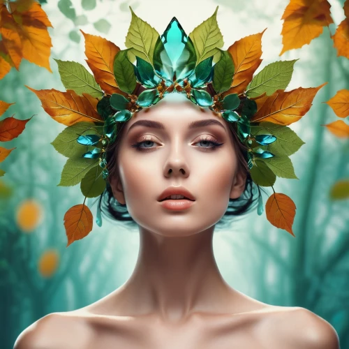 dryad,faery,fantasy portrait,faerie,elven flower,headdress,spring leaf background,girl in a wreath,flora,laurel wreath,spring crown,tiger lily,fairy queen,mystical portrait of a girl,fantasy art,flower fairy,headpiece,feather headdress,natura,poison ivy,Photography,Artistic Photography,Artistic Photography 03