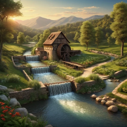 water mill,hobbiton,home landscape,landscape background,fantasy landscape,mountain spring,water wheel,old mill,idyllic,fantasy picture,cartoon video game background,wishing well,beautiful landscape,rural landscape,full hd wallpaper,river landscape,summer cottage,beautiful home,dutch mill,nature landscape,Art,Classical Oil Painting,Classical Oil Painting 05