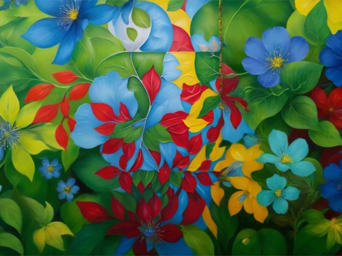 flower painting,nasturtiums,cloves schwindl inge,carol colman,majorelle blue,dayflower,blue flowers,blue daisies,floral composition,nasturtium,fabric painting,oil painting on canvas,blue petals,falling flowers,summer flowers,may flowers,dayflower family,tropical bloom,bright flowers,wild tulips