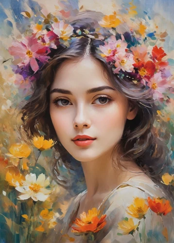 girl in flowers,beautiful girl with flowers,flower painting,girl picking flowers,splendor of flowers,girl in a wreath,mystical portrait of a girl,flower art,flower fairy,girl in the garden,art painting,flower girl,romantic portrait,wreath of flowers,oil painting,flower background,oil painting on canvas,young woman,boho art,flower crown,Conceptual Art,Oil color,Oil Color 10