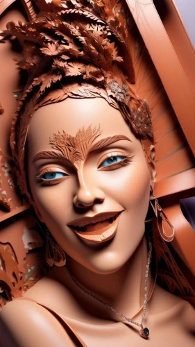 clay doll,terracotta,voodoo woman,woman sculpture,png sculpture,cinnamon girl,rudraksha,african art,medusa,fractalius,wooden doll,clay tile,airbrushed,female doll,doll's facial features,bjork,broncefigur,bodypainting,gorgon,wood carving