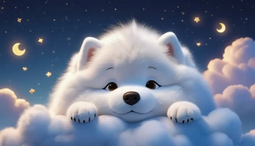 samoyed,cloud,cloud mood,dog angel,baby cloud,white cloud,constellation wolf,dog illustration,cumulus,cumulus cloud,cumulus nimbus,paw prints,little clouds,big white cloud,snowball,night sky,about clouds,nightsky,moon in the clouds,fluffy diary,Unique,3D,3D Character