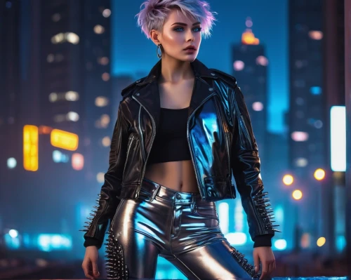 punk,bolero jacket,cyberpunk,leather,leather jacket,black leather,futuristic,latex clothing,jacket,wallis day,silver,femme fatale,female model,latex,streampunk,rhea,cheetah,punk design,persona,cool blonde,Illustration,Paper based,Paper Based 11