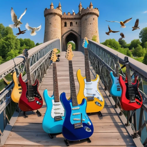 guitar bridge,guitars,guitar,music instruments,harp of falcon eastern,musical background,concert guitar,guitar accessory,musical instruments,flock of birds,music fantasy,electric guitar,guitar grips,wall,guitar player,chain bridge,a flock of pigeons,songbirds,guitar easel,doves of peace,Photography,General,Realistic