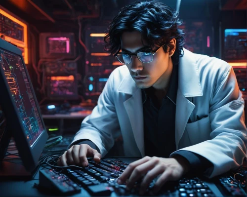man with a computer,cyberpunk,computer business,ship doctor,cyber crime,theoretician physician,computer freak,night administrator,wuhan''s virus,cyber,cyber glasses,barebone computer,sci fi surgery room,dj,neon human resources,computer science,researcher,computer,computer code,cybersecurity,Illustration,Retro,Retro 02