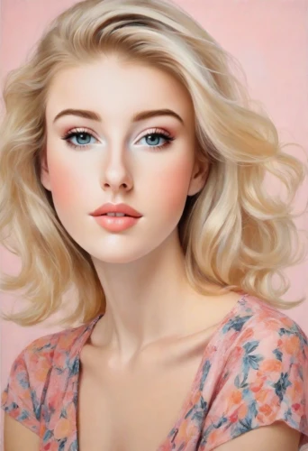 blonde woman,blonde girl,realdoll,dahlia pink,girl portrait,portrait background,blond girl,young woman,portrait of a girl,oil painting,marylyn monroe - female,photo painting,oil painting on canvas,doll's facial features,peach color,romantic portrait,barbie,art painting,girl in a long,cosmetic brush